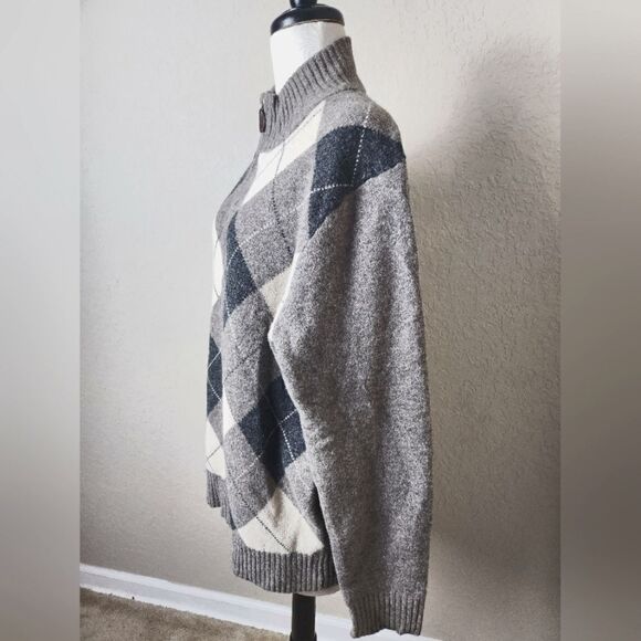 J. Crew Lambwools Argyle Zip-Up Elbow Patch Sweater Cardigan Gray  Size L - Picture 5 of 8